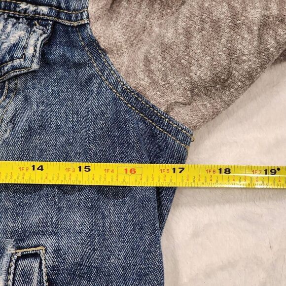 Free People Distressed Denim Jean Jacket Knit Sleeves w Hood Women's Small - Picture 4 of 9